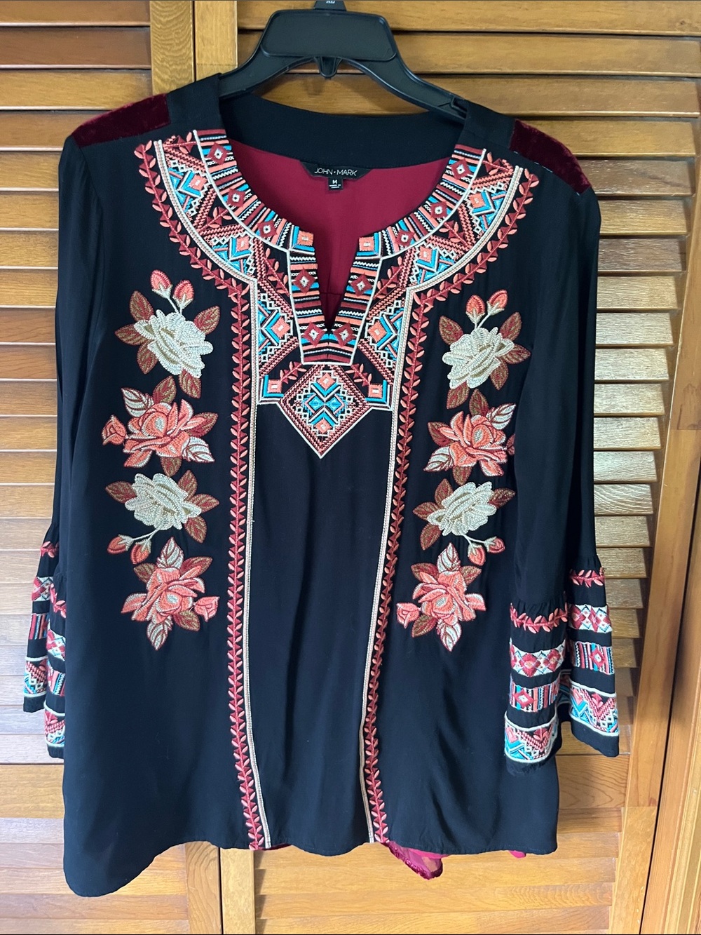 John Mark Black Tunic with Coral, Cream & Turquoise Embroidery Size Medium